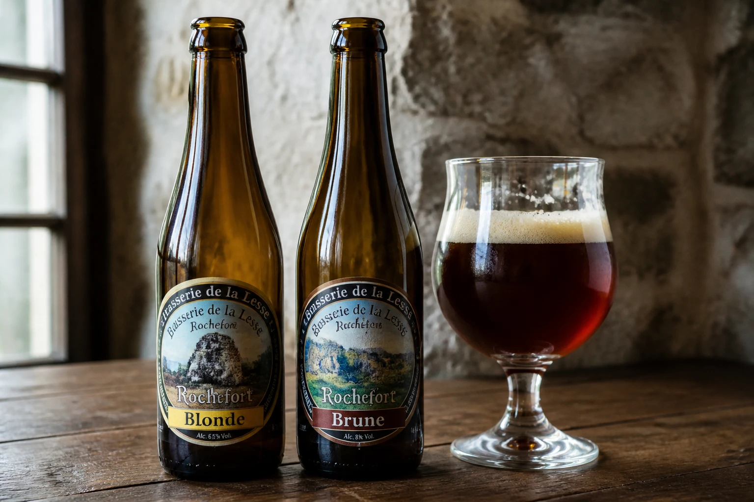 Bouteille de bière et verre de bière ambrée sur une table en bois avec lumière naturelle