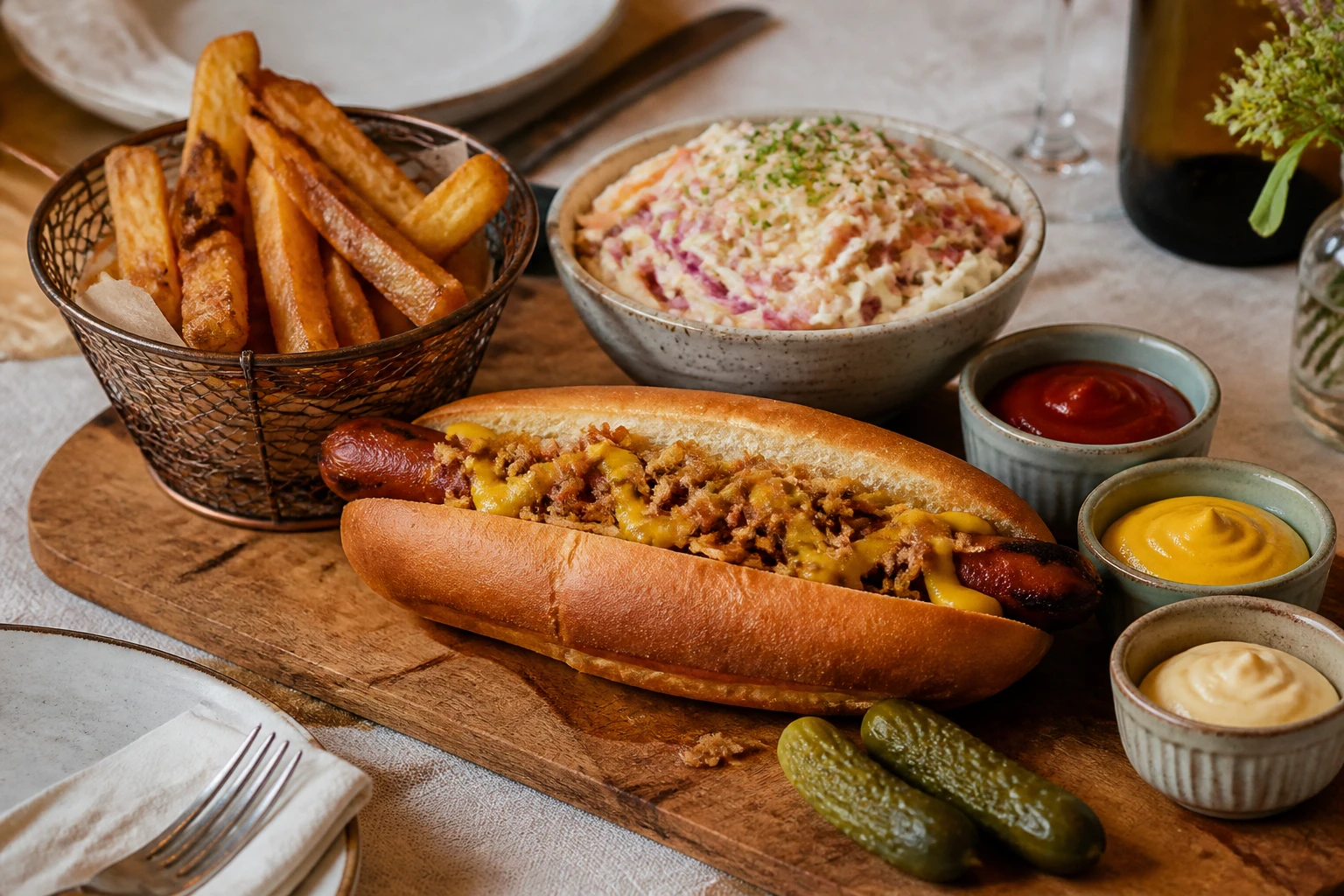 Hot dog garni accompagné de frites maison, coleslaw et cornichons sur table en bois