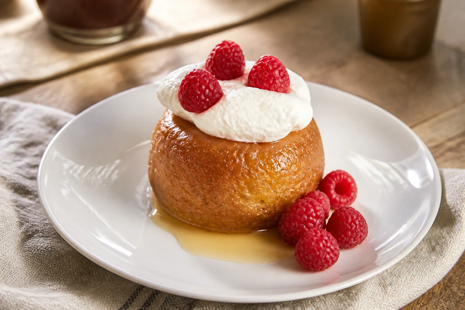 Baba au rhum maison imbibé et brillant, garni de chantilly et framboises, sur table en bois rustique