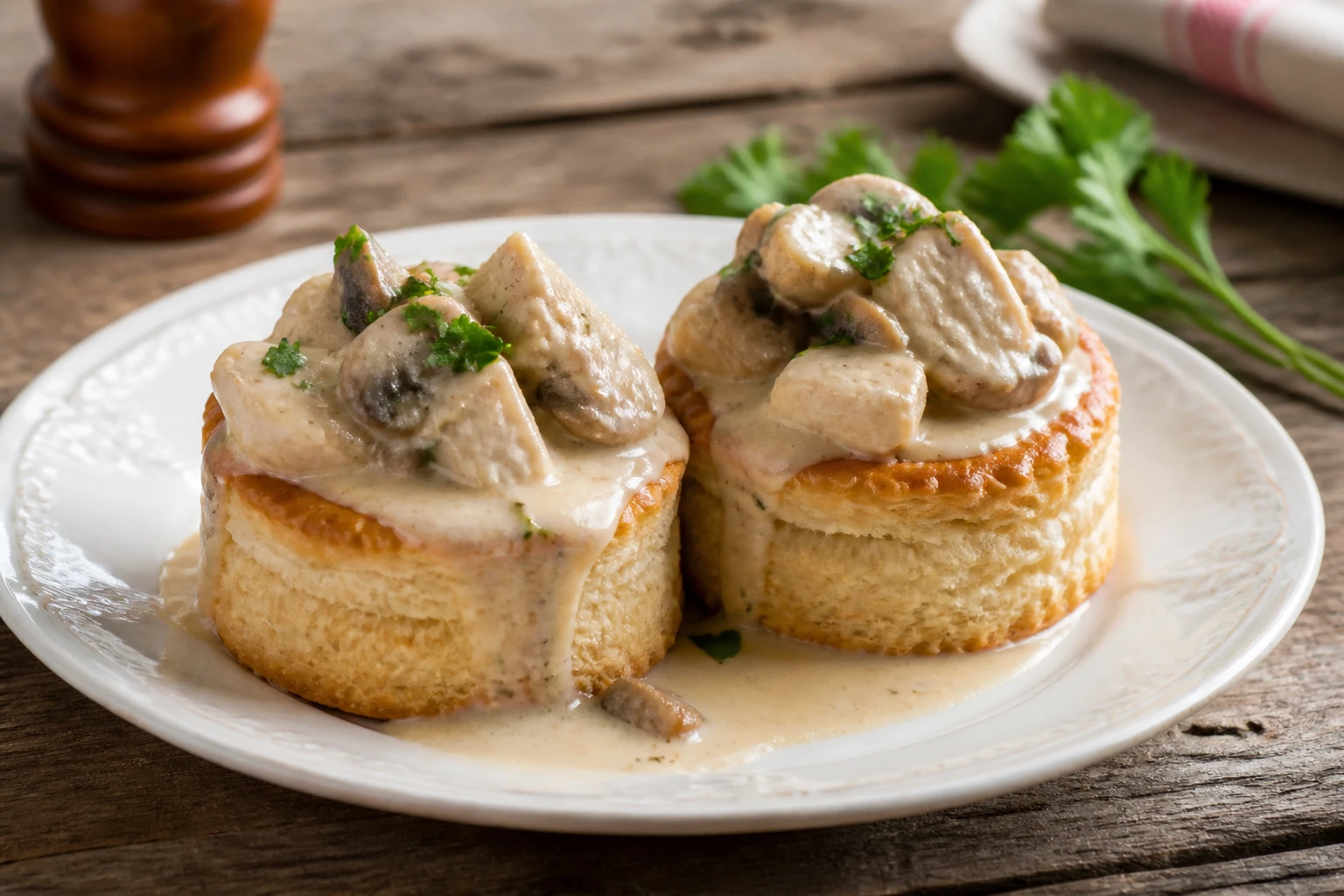 Bouchées à la reine façon grand-mère avec sauce velouté crémeuse sur table en bois rustique