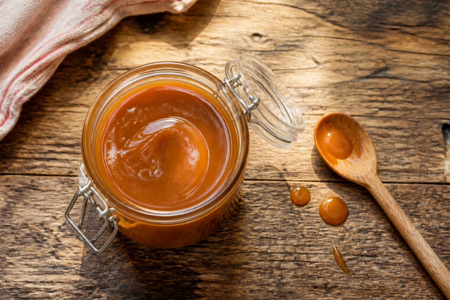 Bocal de caramel liquide ambré maison sur une table en bois rustique, lumière naturelle chaude