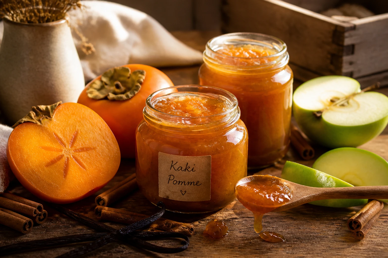 Confiture de kaki et pommes en bocaux sur une table en bois avec fruits frais et épices