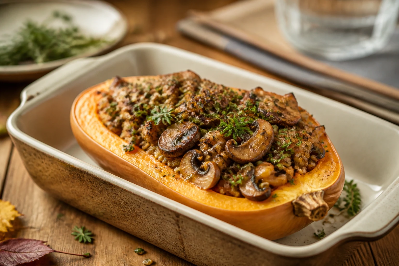 Courge butternut farcie végétarienne aux champignons et herbes, gratinée, dans un plat en céramique