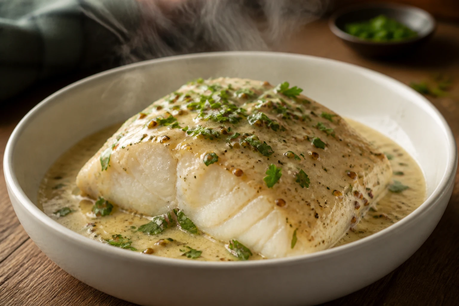 Dos de cabillaud sauce moutarde crémeuse servi dans un bol blanc avec du persil frais
