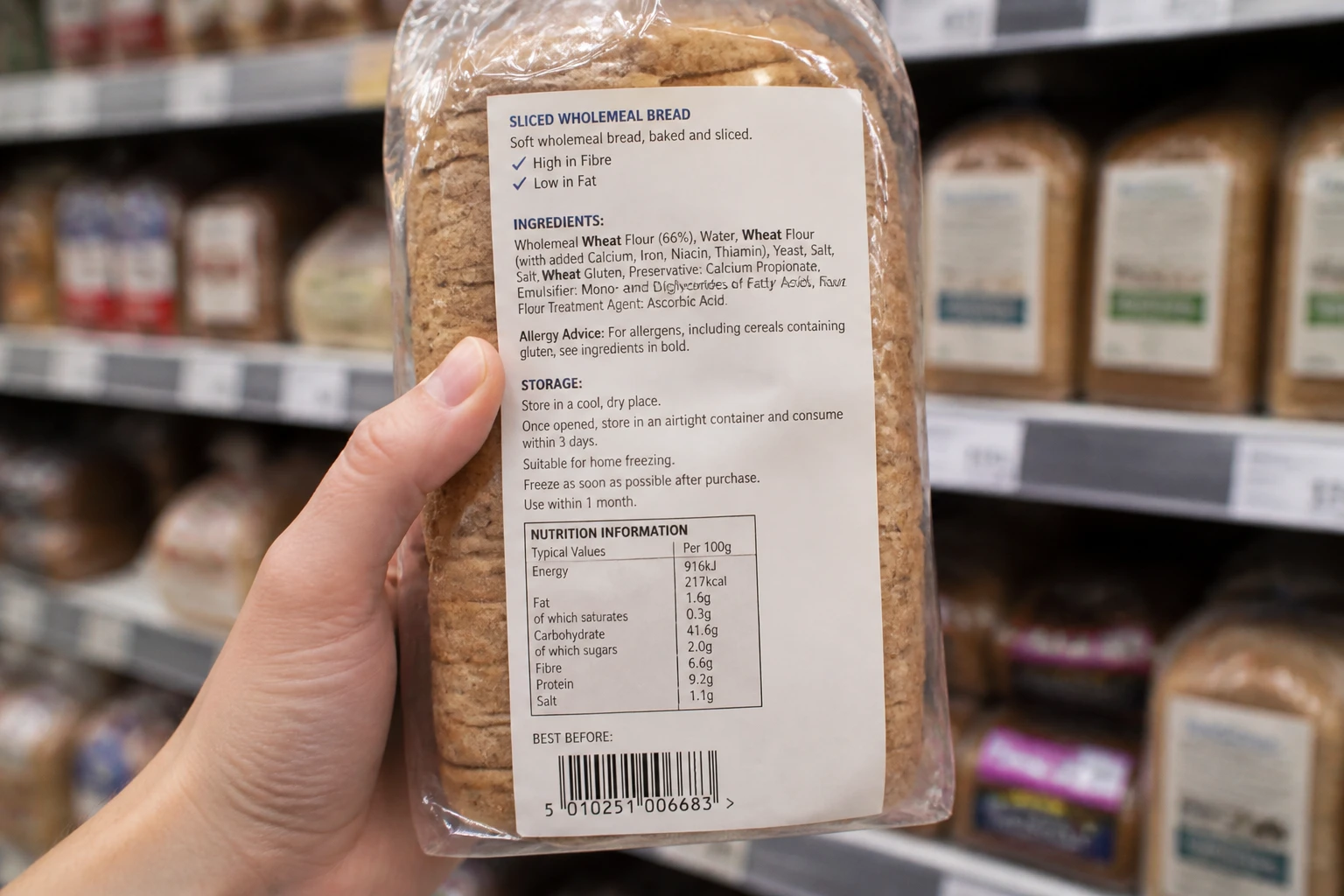 Main tenant un emballage de pain de mie et lisant la liste des additifs dont le E471 sur l'étiquette