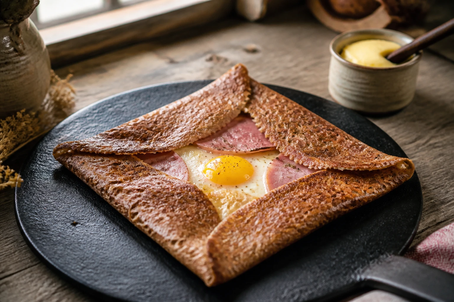 Galette de sarrasin pliée en carré sur une crêpière en fonte, bords dorés croustillants, garniture jambon œuf fromage