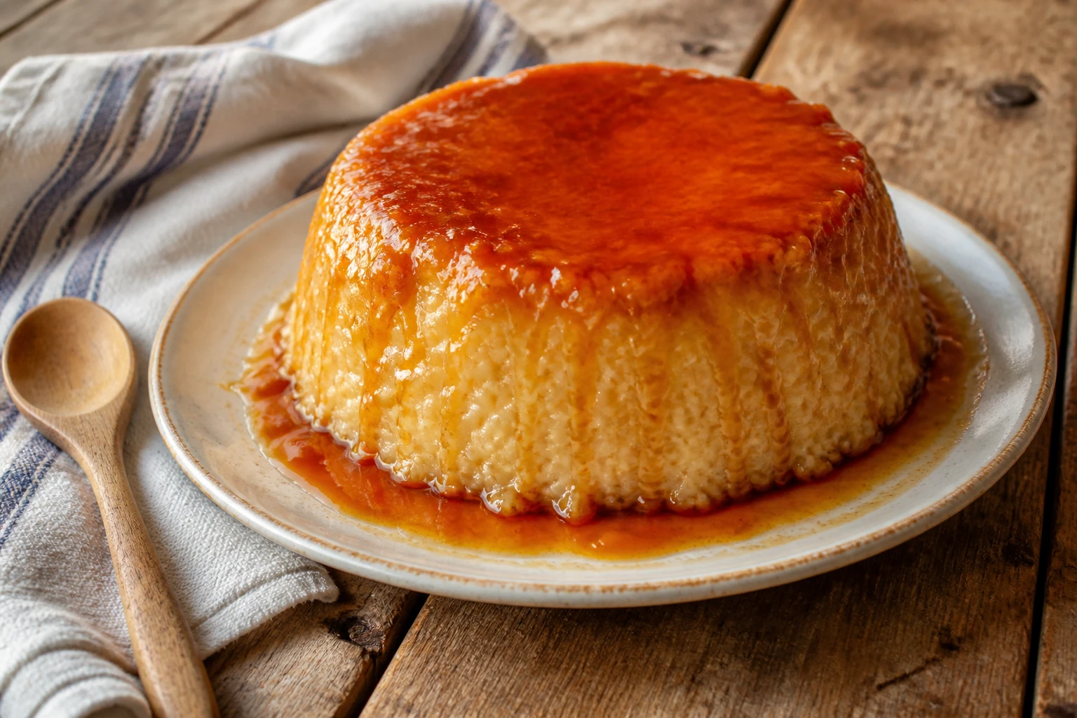 Gâteau de riz façon grand-mère démoulé avec caramel ambré sur assiette en faïence, lumière naturelle