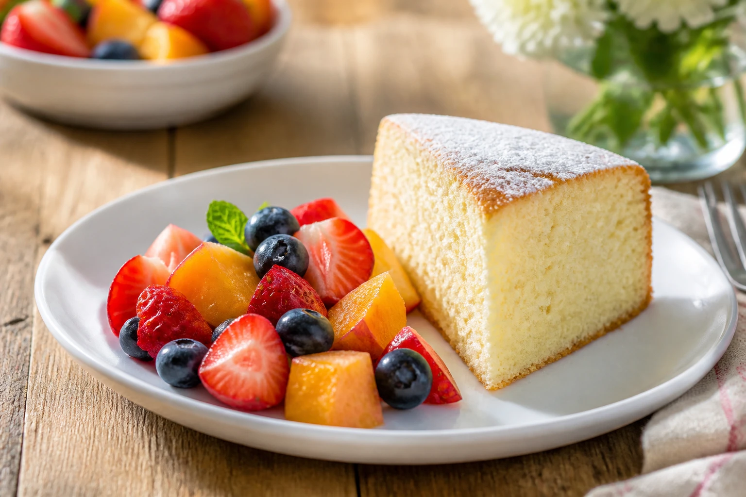 Gâteau léger au yaourt servi avec une salade de fruits frais colorée sur une table en bois