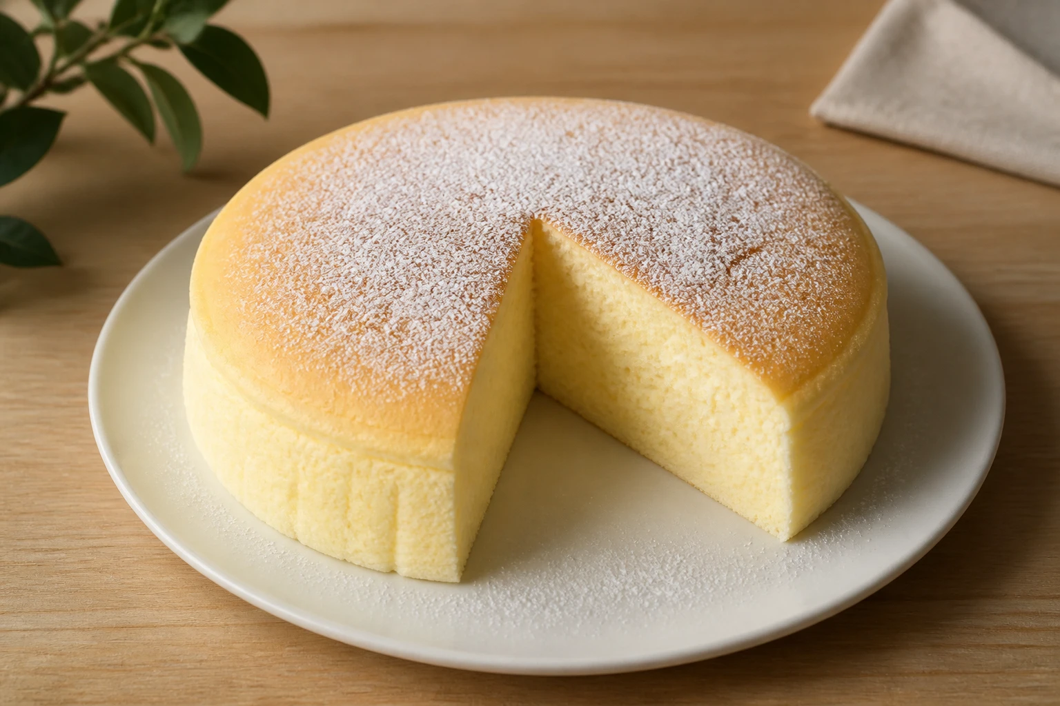 Gâteau nuage japonais entier et tranché sur assiette blanche, mie aérienne saupoudrée de sucre glace