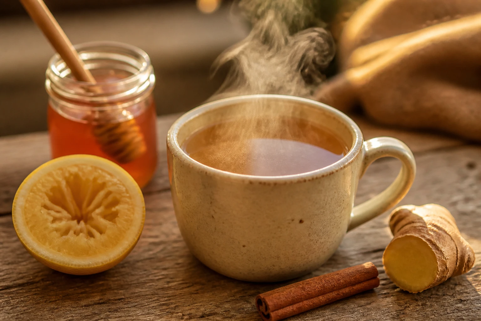 Tasse de grog chaud fumant avec miel, citron et cannelle sur table en bois rustique