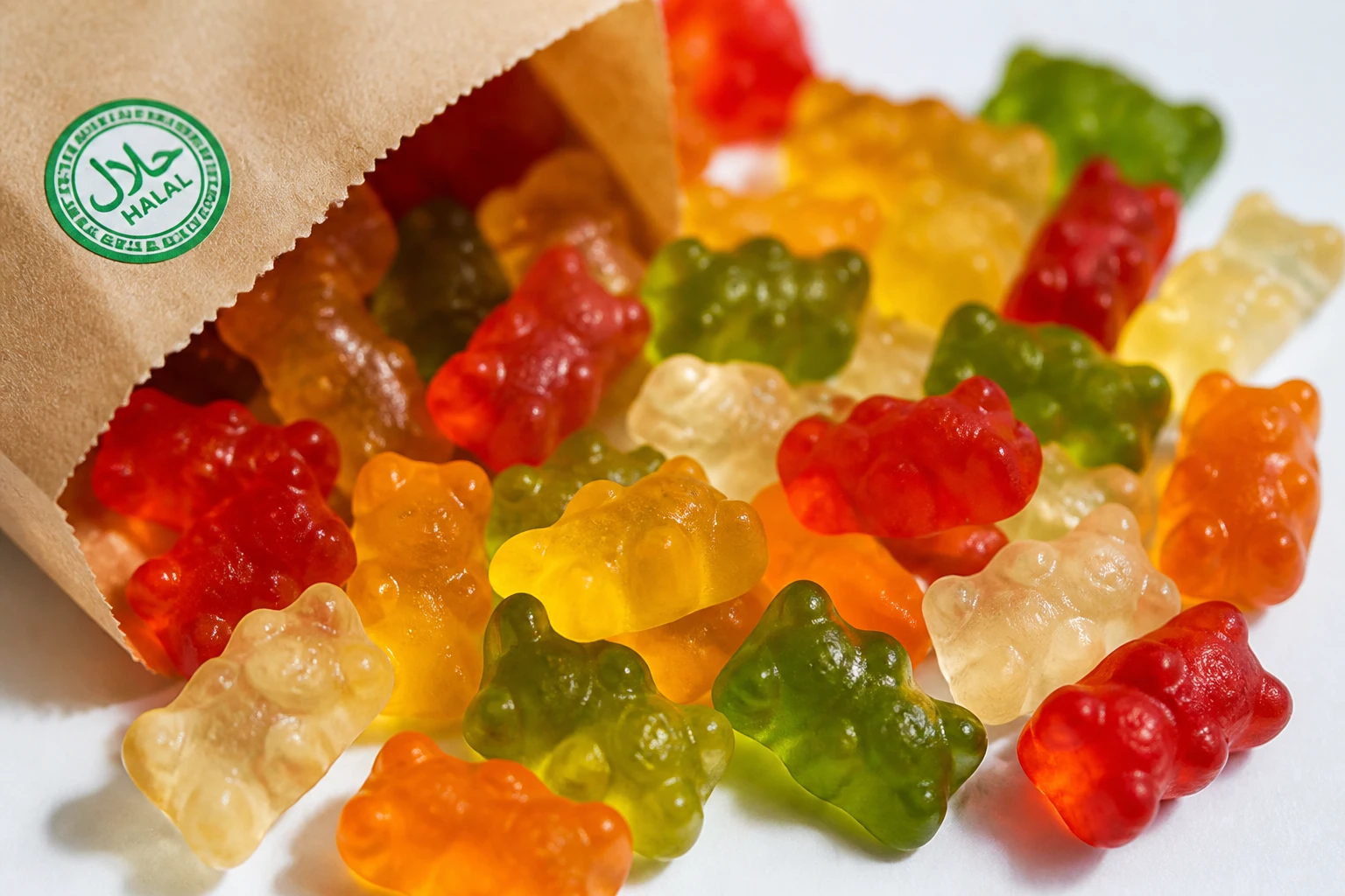 Oursons gélifiés Haribo colorés sur fond blanc avec sachet portant un logo de certification halal