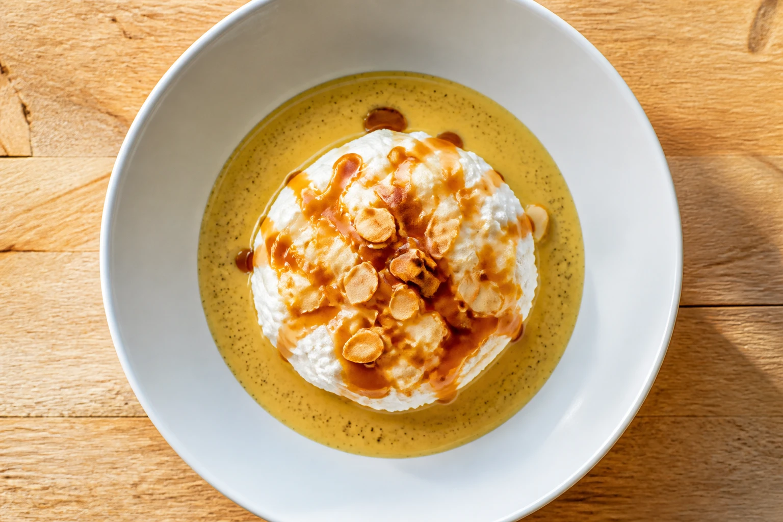 Île flottante maison sur crème anglaise vanillée avec caramel ambré et amandes effilées grillées