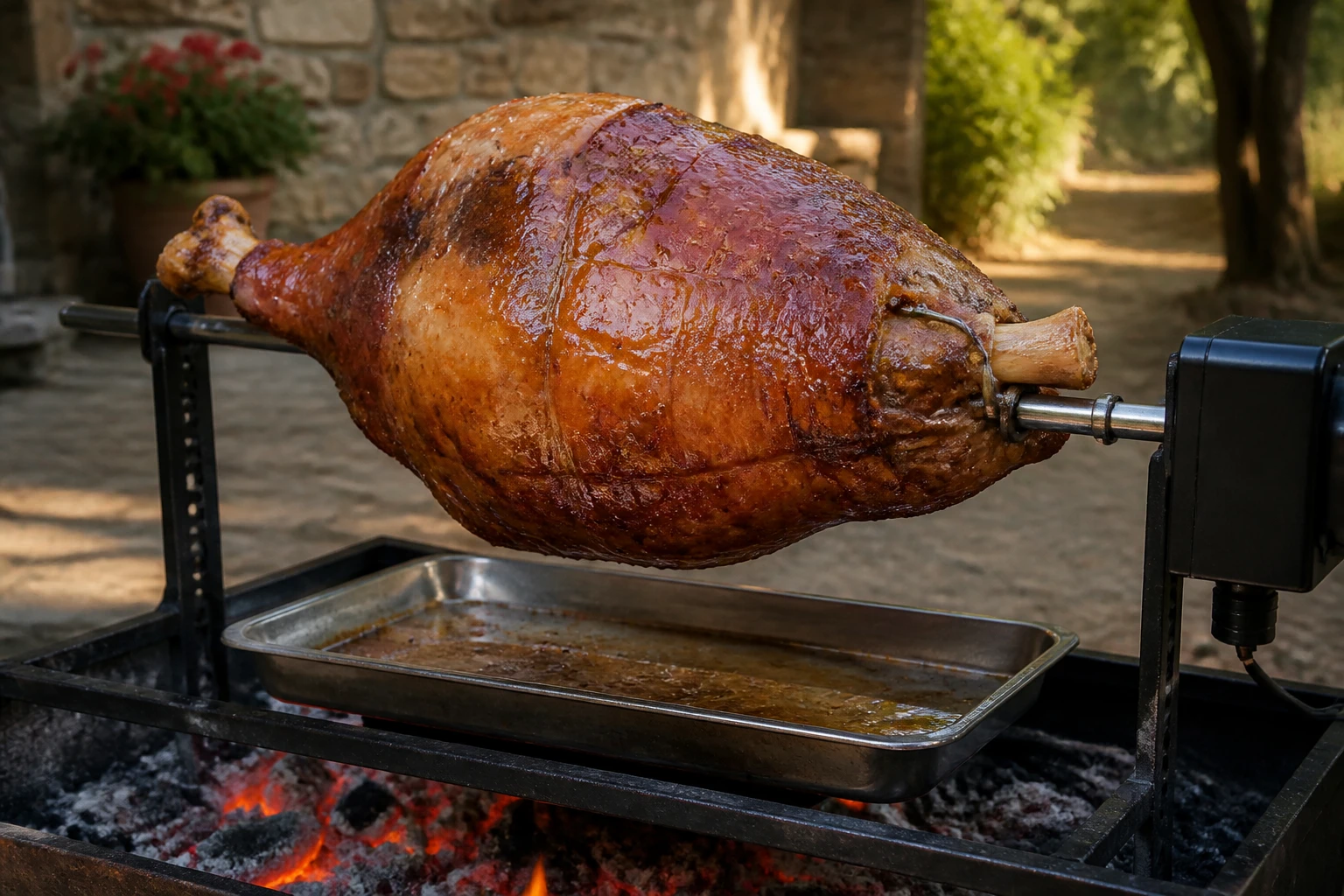 Jambon entier doré et juteux en train de tourner à la broche au-dessus des braises rougeoyantes