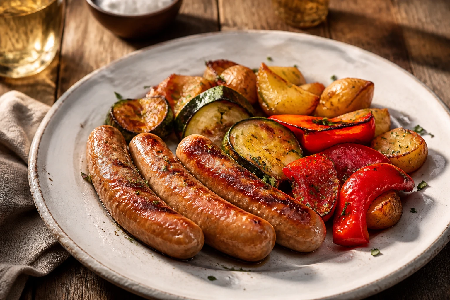 Assiette de saucisses grillées accompagnées de légumes rôtis colorés sur table en bois rustique