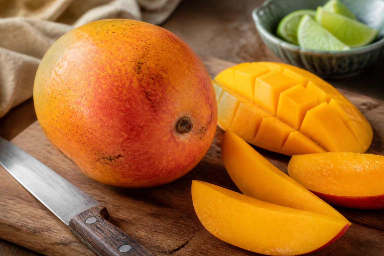 Mangue mûre coupée en tranches sur une planche en bois, chair dorée et juteuse, lumière naturelle