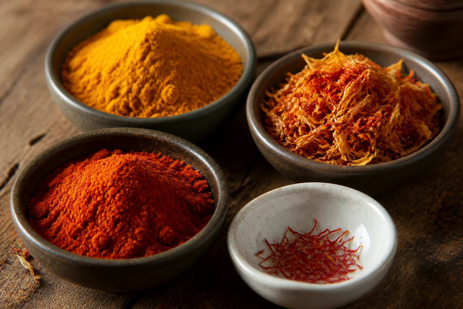 Bols de substituts du safran sur une table en bois : curcuma, fleurs de carthame, paprika et filaments de safran