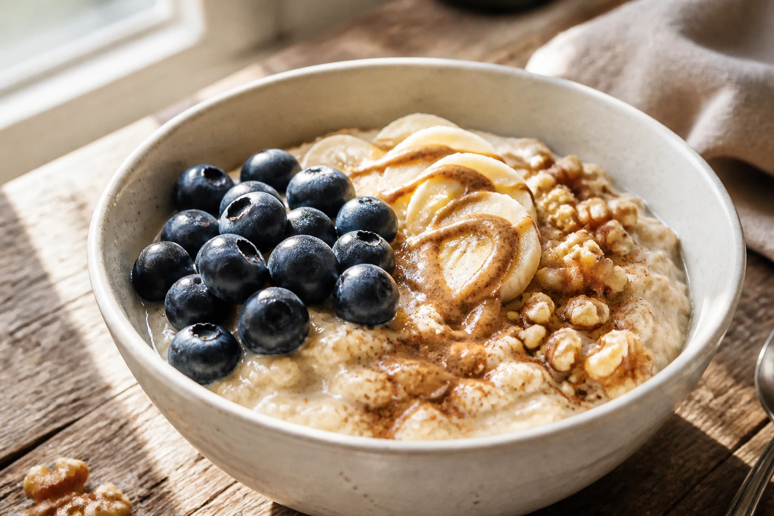 Bol de porridge aux flocons d'avoine garni de fruits frais et de purée d'amandes sur table en bois