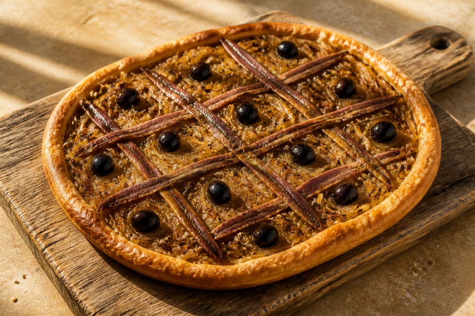 Pissaladière grand-mère traditionnelle garnie d'oignons confits, anchois et olives noires sur pâte à pain dorée