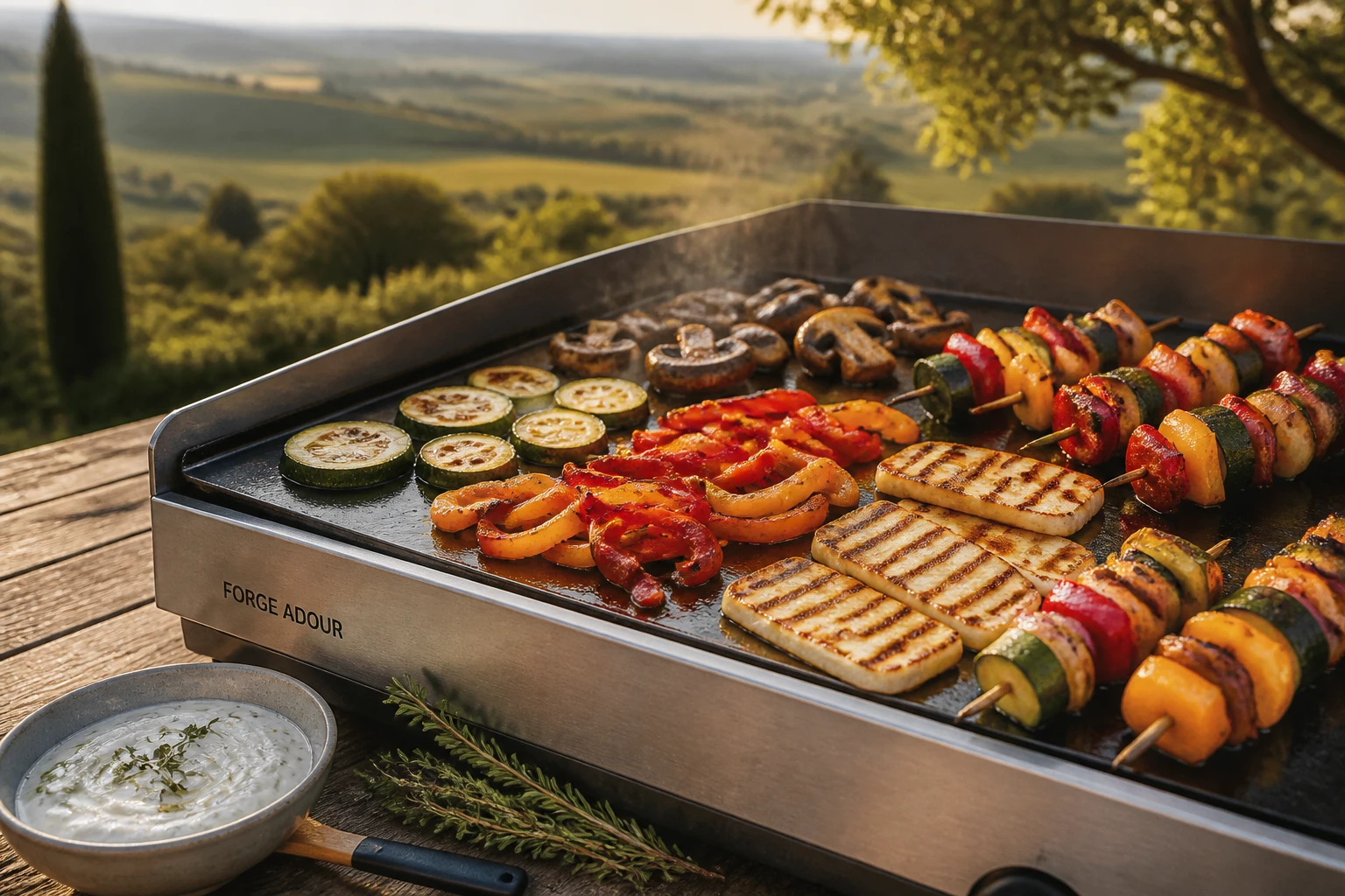 Plancha végétarienne avec courgettes, poivrons, halloumi et brochettes de légumes grillés