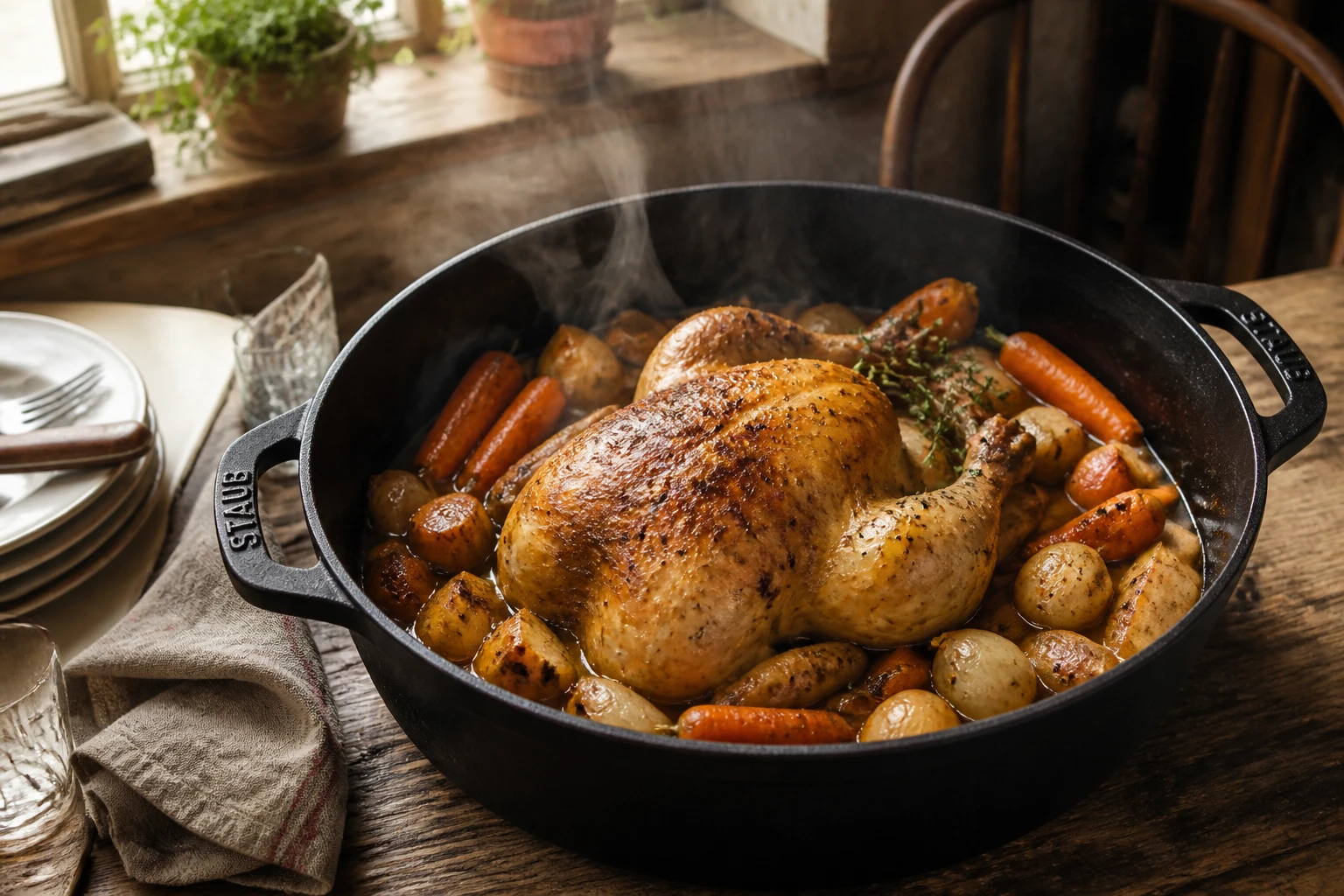 Poularde en cocotte grand-mère dorée dans une cocotte en fonte, entourée de légumes racines mijotés