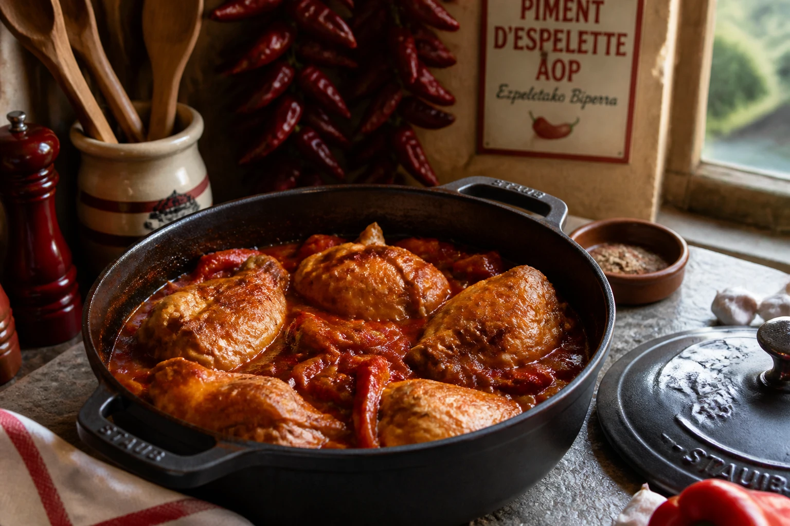 Poulet basquaise en cocotte avec poivrons rouges et piment d'Espelette, cuisine basque traditionnelle