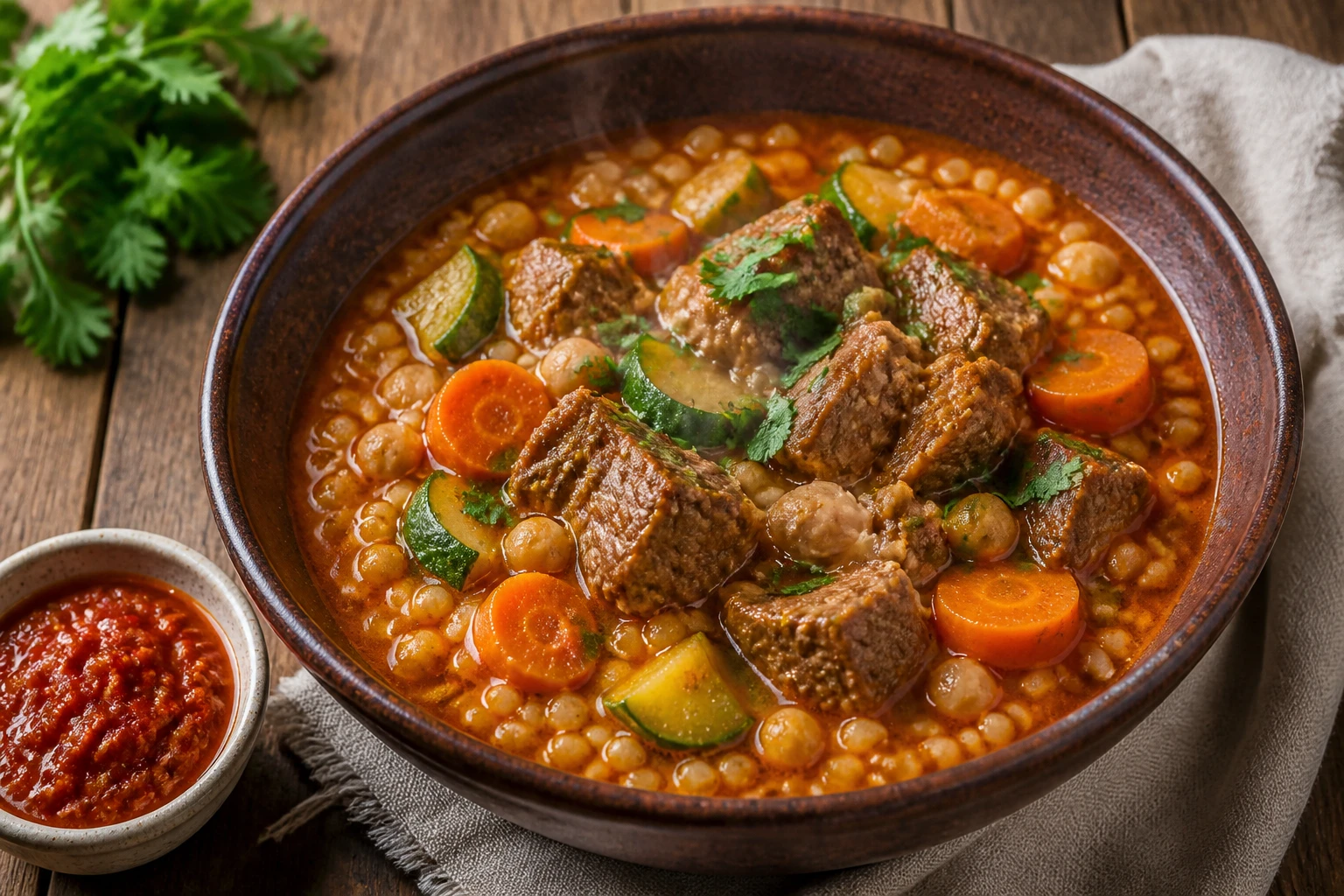 Bol de berkoukes algérien traditionnel avec pâtes plomb, agneau mijoté et légumes dans un bouillon épicé