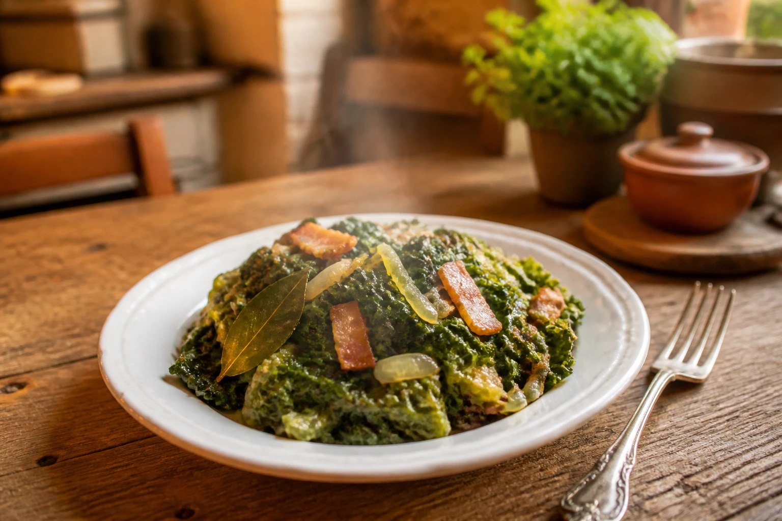 Assiette de chou vert au Cookeo aux lardons servie dans une cuisine de campagne