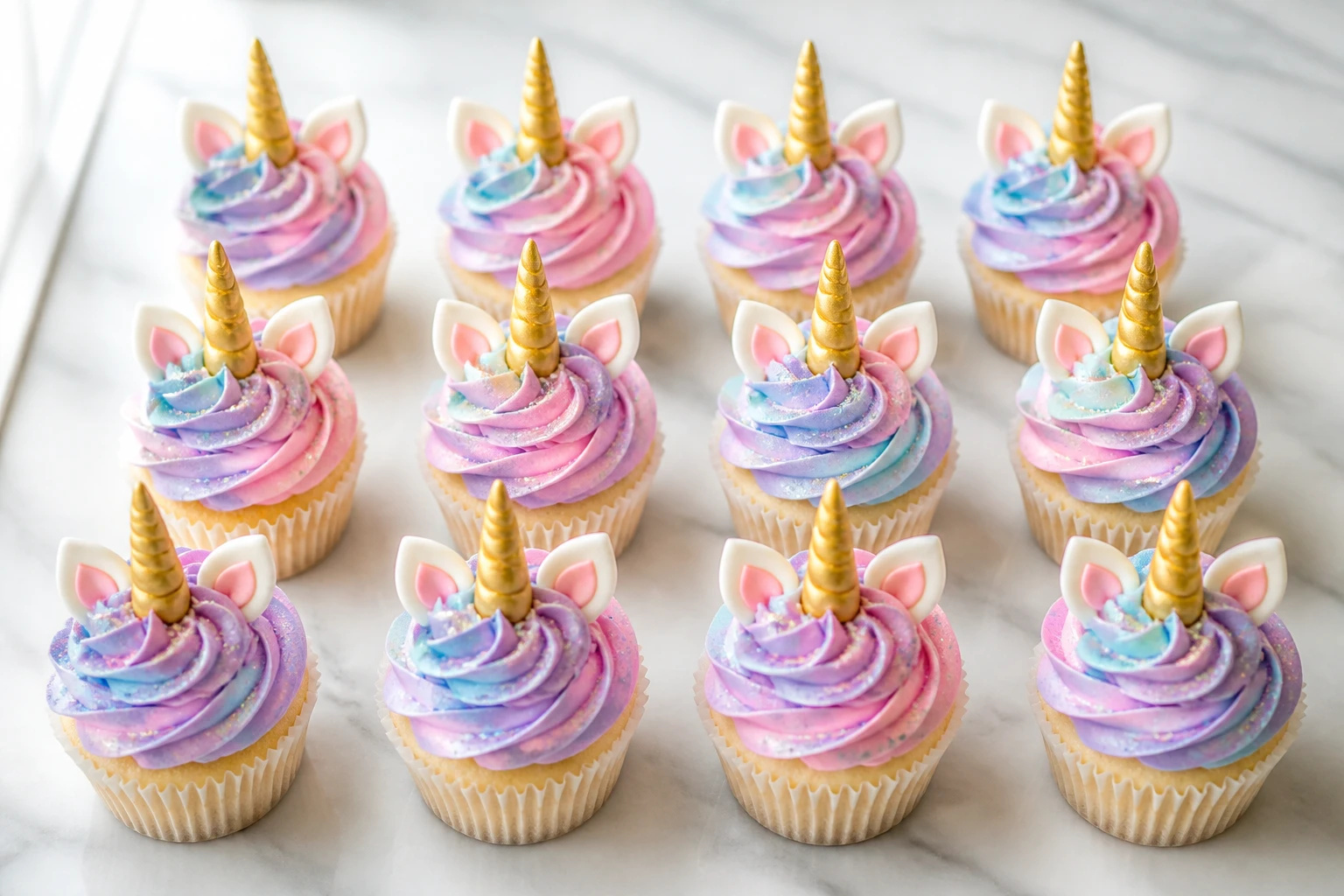 Cupcakes licorne décorés avec glaçage arc-en-ciel pastel, corne dorée en pâte à sucre et oreilles blanches