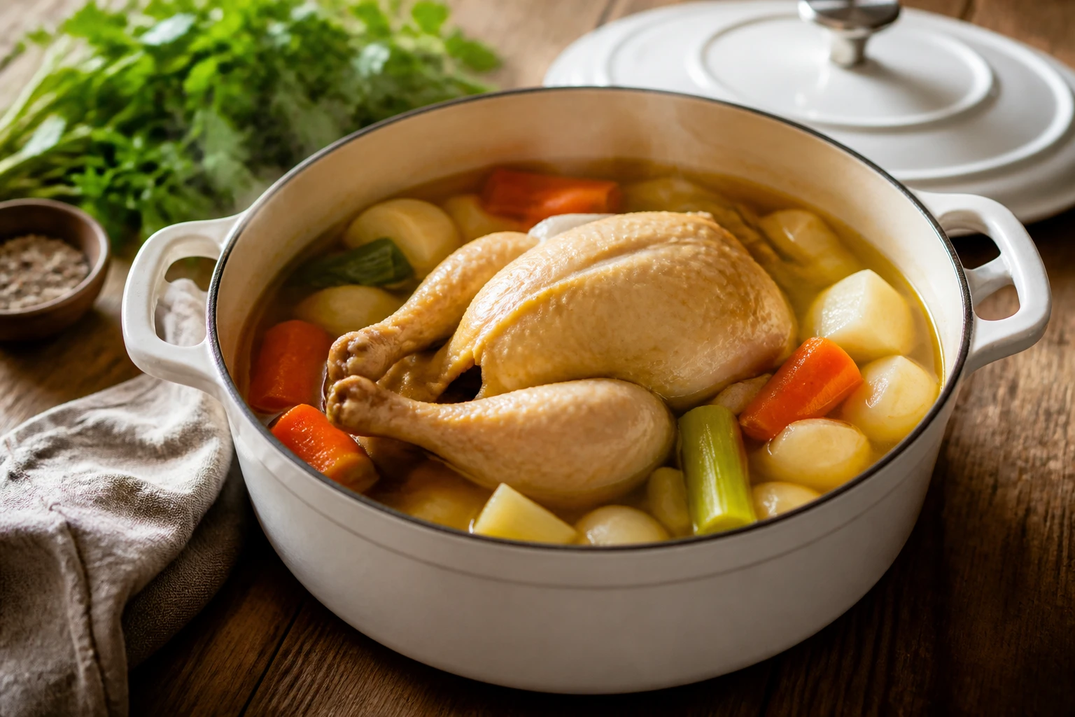 Poule au pot façon grand-mère dans une cocotte en fonte avec bouillon doré et légumes, cuisine traditionnelle française