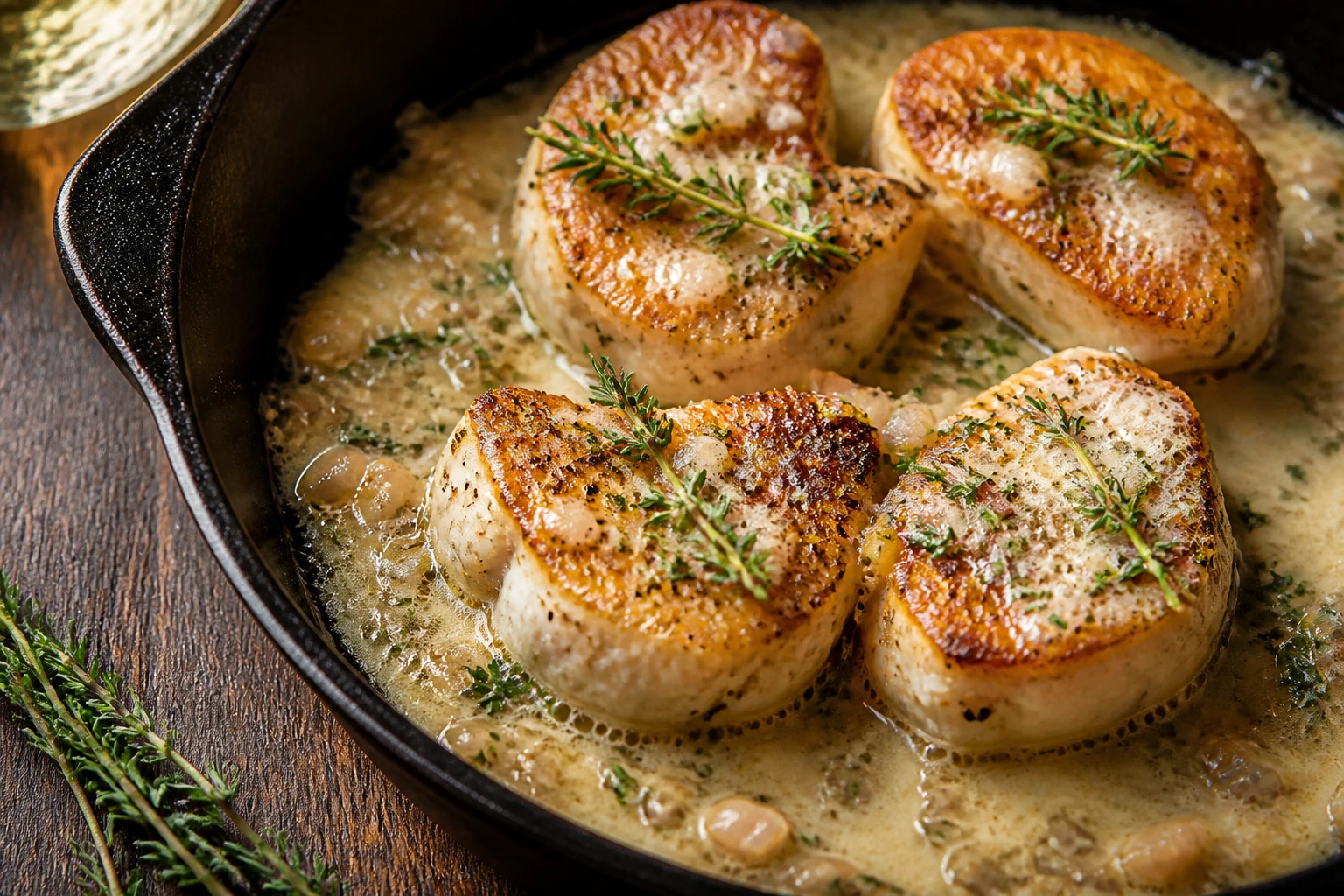 Médaillons de queue de lotte dorés à la poêle en fonte avec sauce crème et échalotes