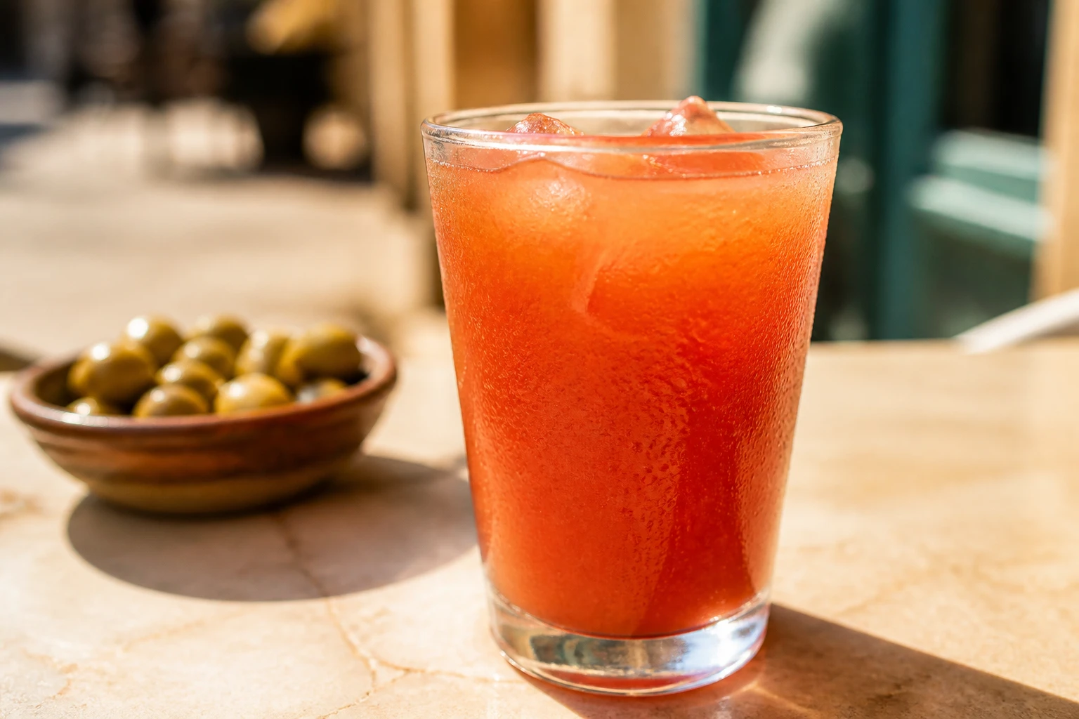Verre de Ricard grenadine dit Tomate posé sur une table de terrasse ensoleillée, couleur rouge-orangée