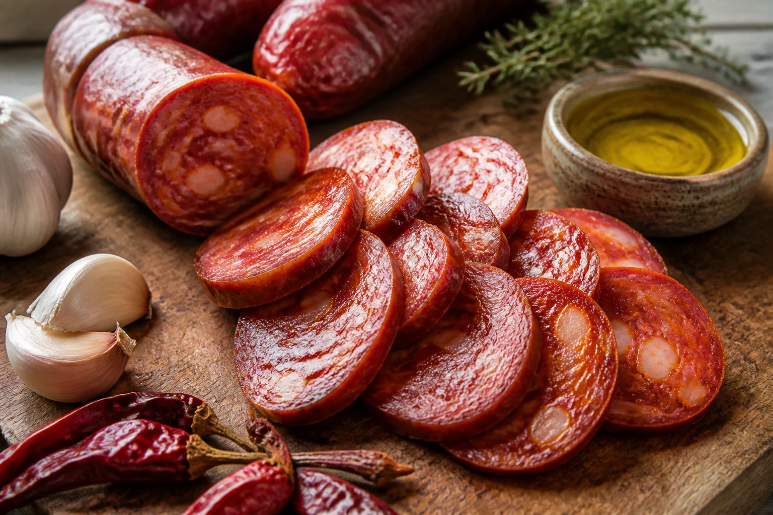Tranches de saucisson portugais chouriço sur une planche en bois avec ail et piments rouges séchés