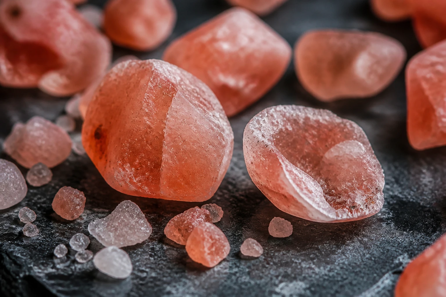 Cristaux de sel rose de l'Himalaya en gros plan sur ardoise sombre, lumière naturelle latérale