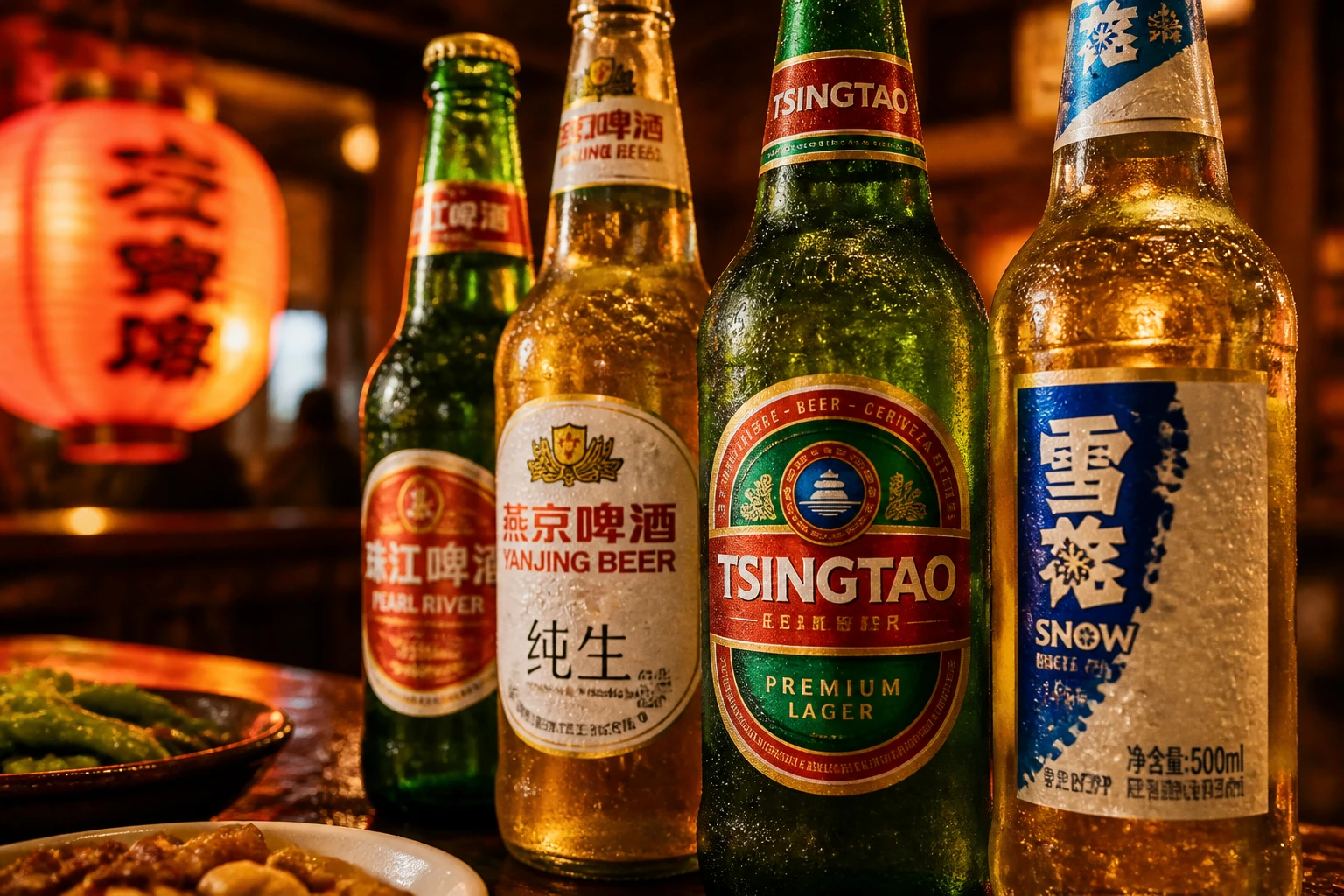 Bouteilles de bières chinoises Tsingtao et Snow sur un comptoir en bois, éclairage ambré chaud et lanterne rouge en arrière-plan