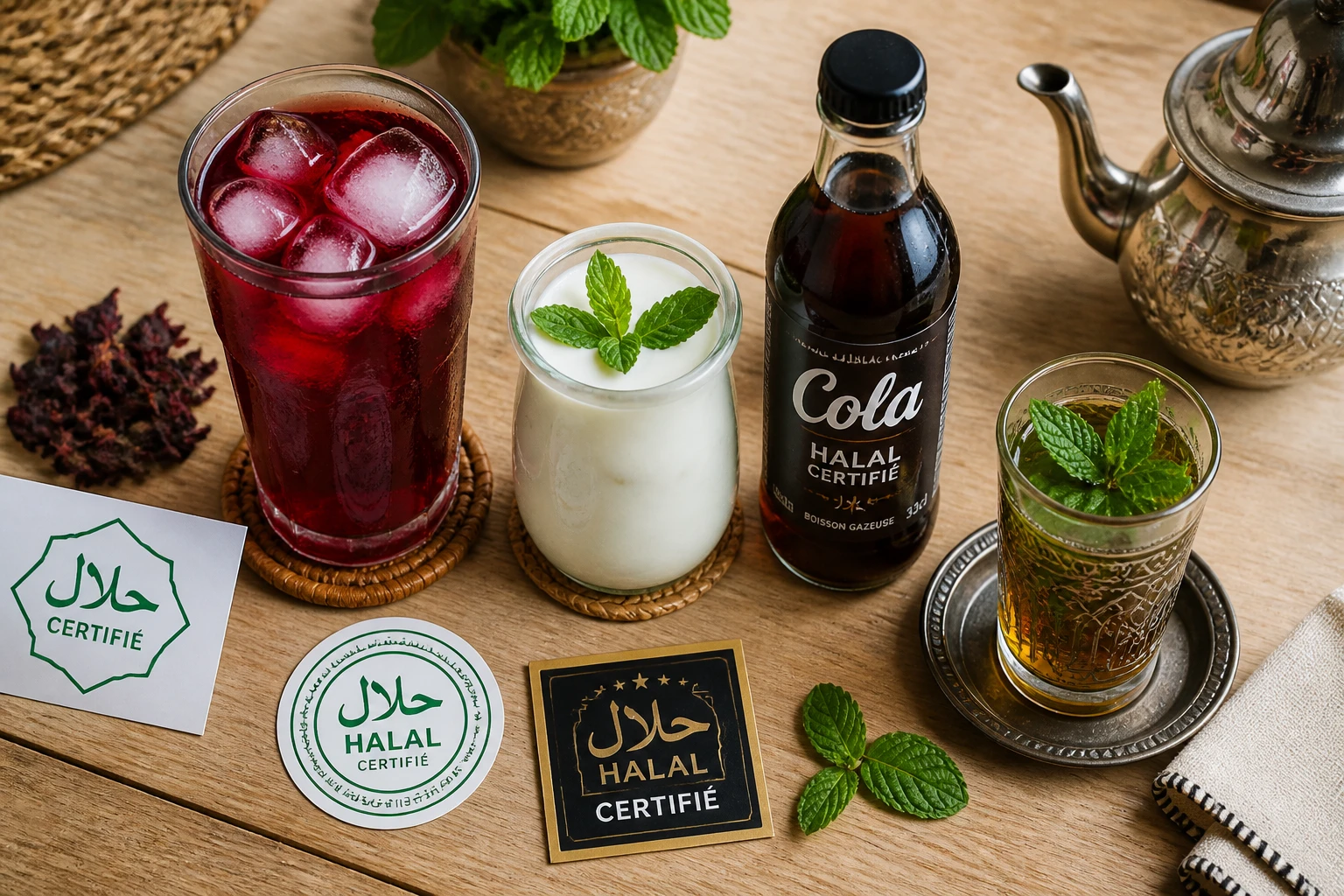 Assortiment de boissons halal sur une table : karkadé, lassi, thé à la menthe et cola certifié halal