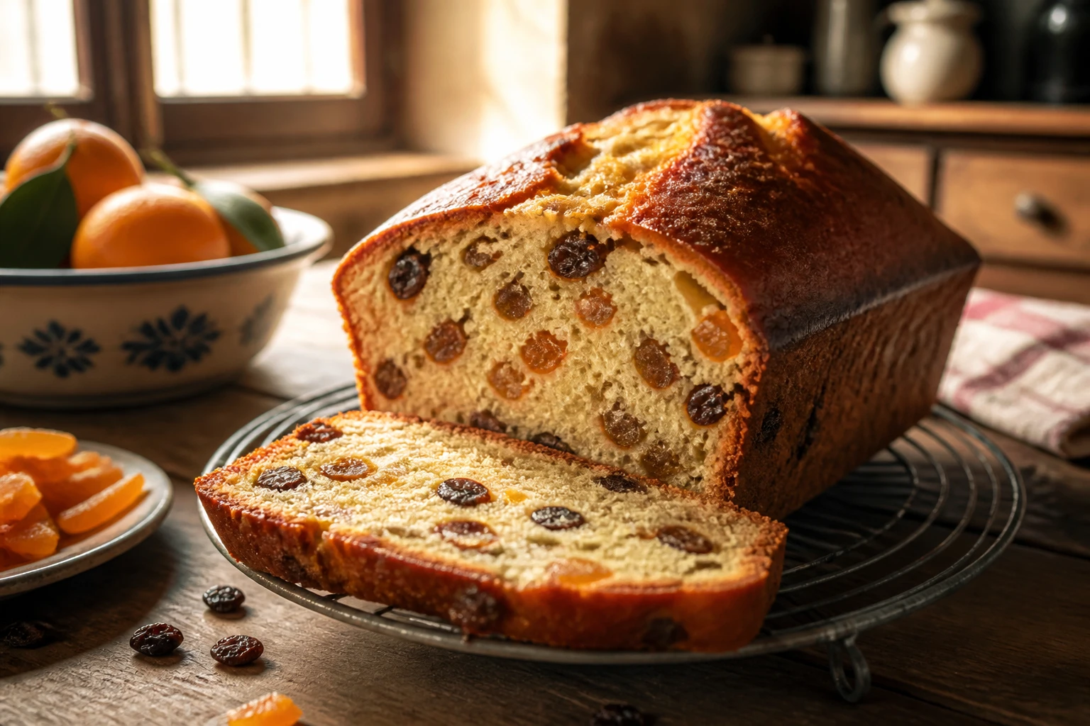 Cake aux fruits confits moelleux tranché, posé sur une grille en bois avec fruits confits visibles