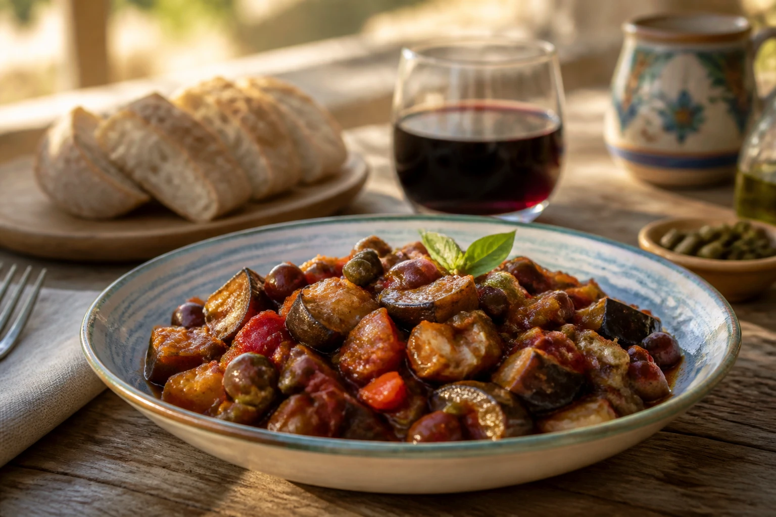 Caponata sicilienne traditionnelle avec aubergines fondantes, câpres et olives dans une assiette en céramique