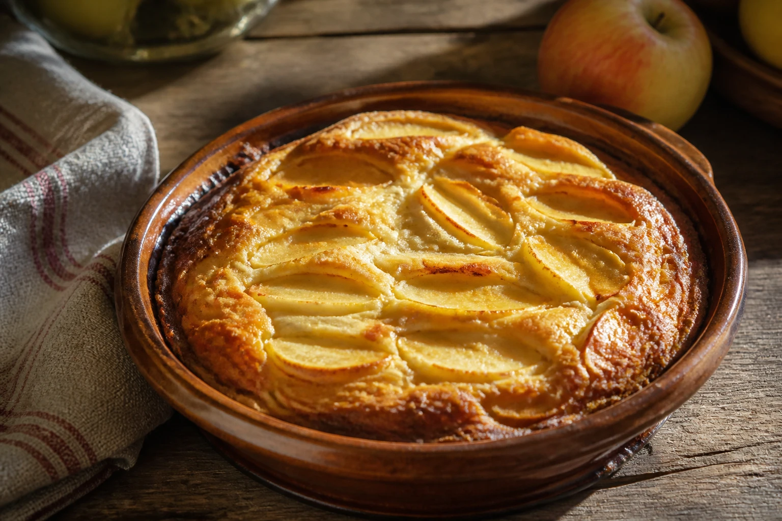Clafoutis aux pommes recette grand-mère doré dans un moule en terre cuite rustique sur table bois