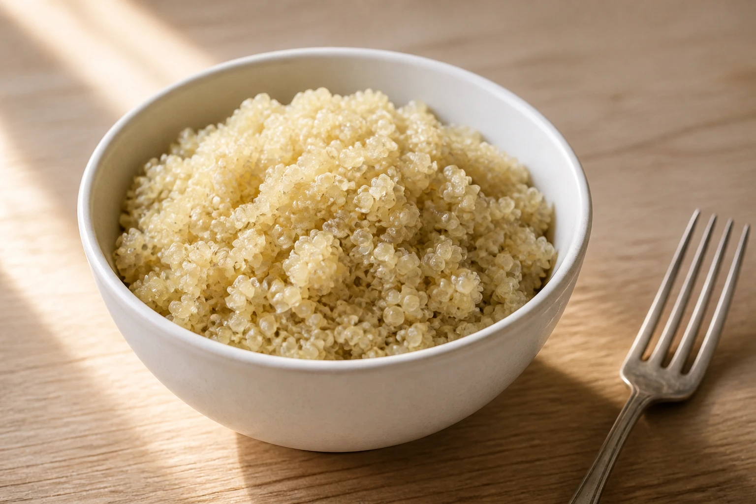 Bol de quinoa cuit avec grains translucides et germes visibles, sur table en bois clair
