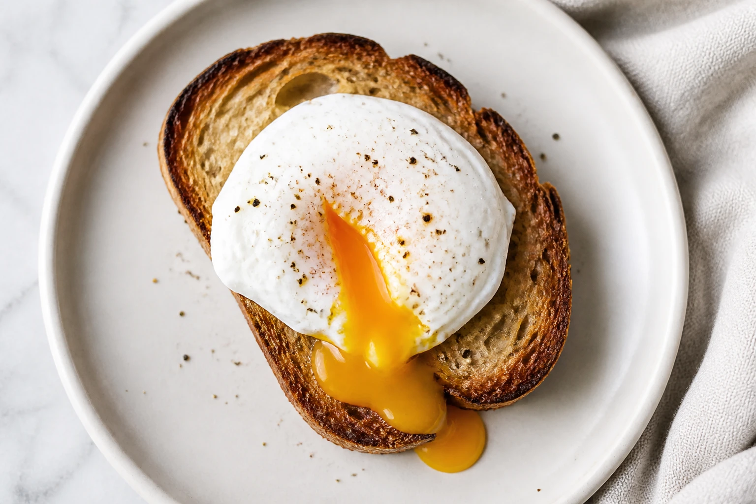 Œuf poché parfait sur toast de pain au levain, jaune coulant, lumière naturelle matinale