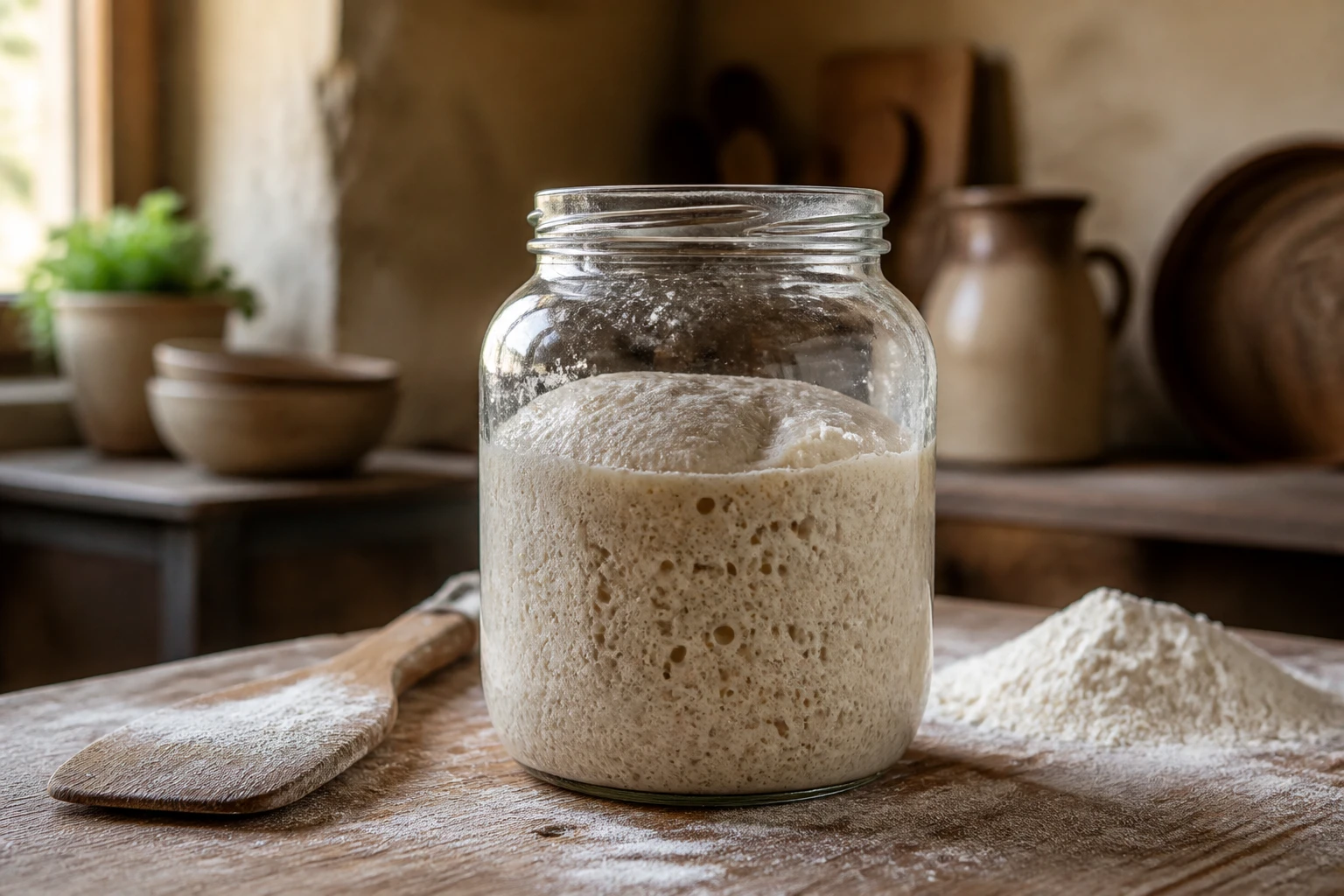 Bocal en verre avec un levain naturel actif et bouillonnant sur un plan de travail en bois