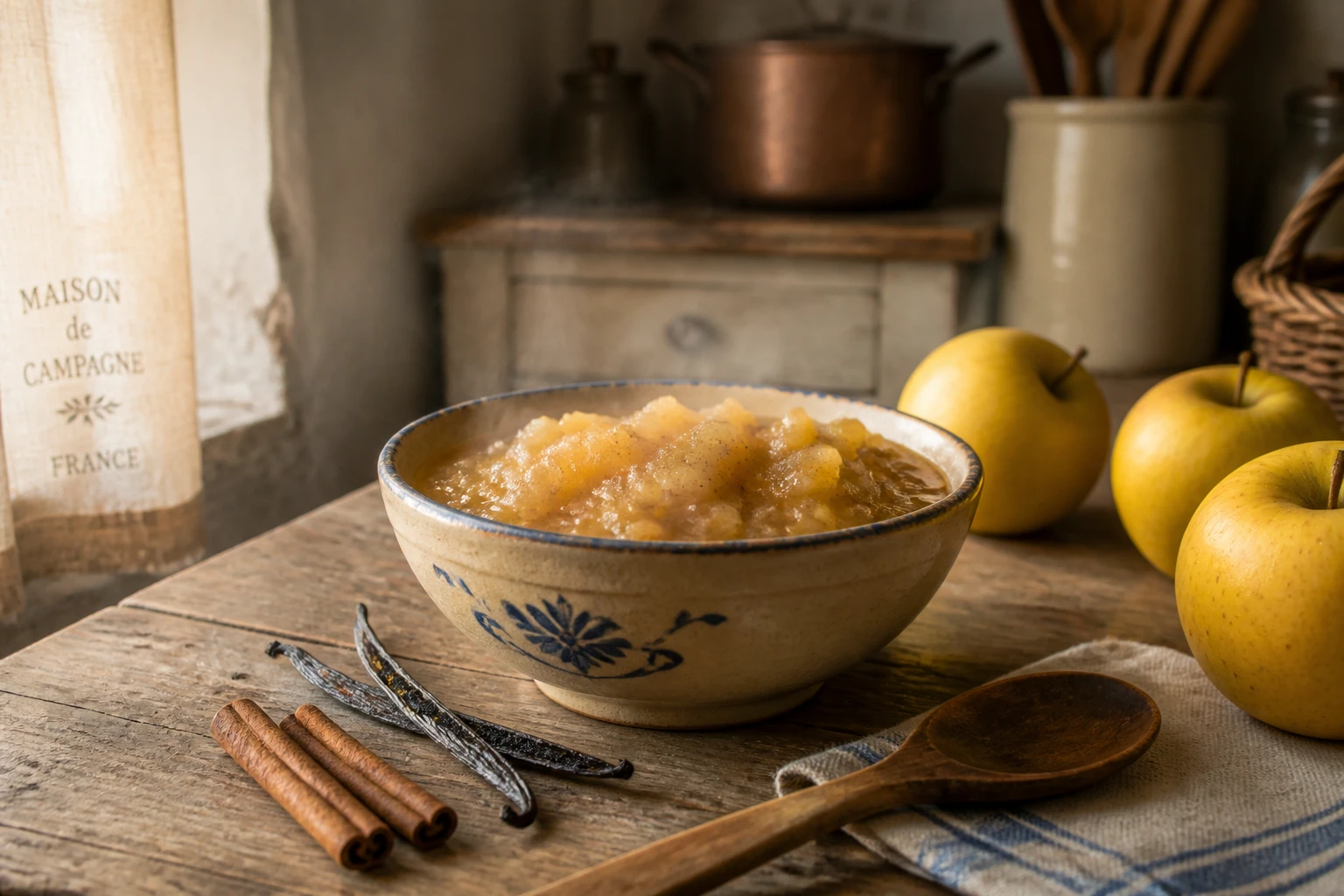 Bol de compote de pommes maison façon grand-mère avec des morceaux fondants, vanille et cannelle sur table en bois rustique
