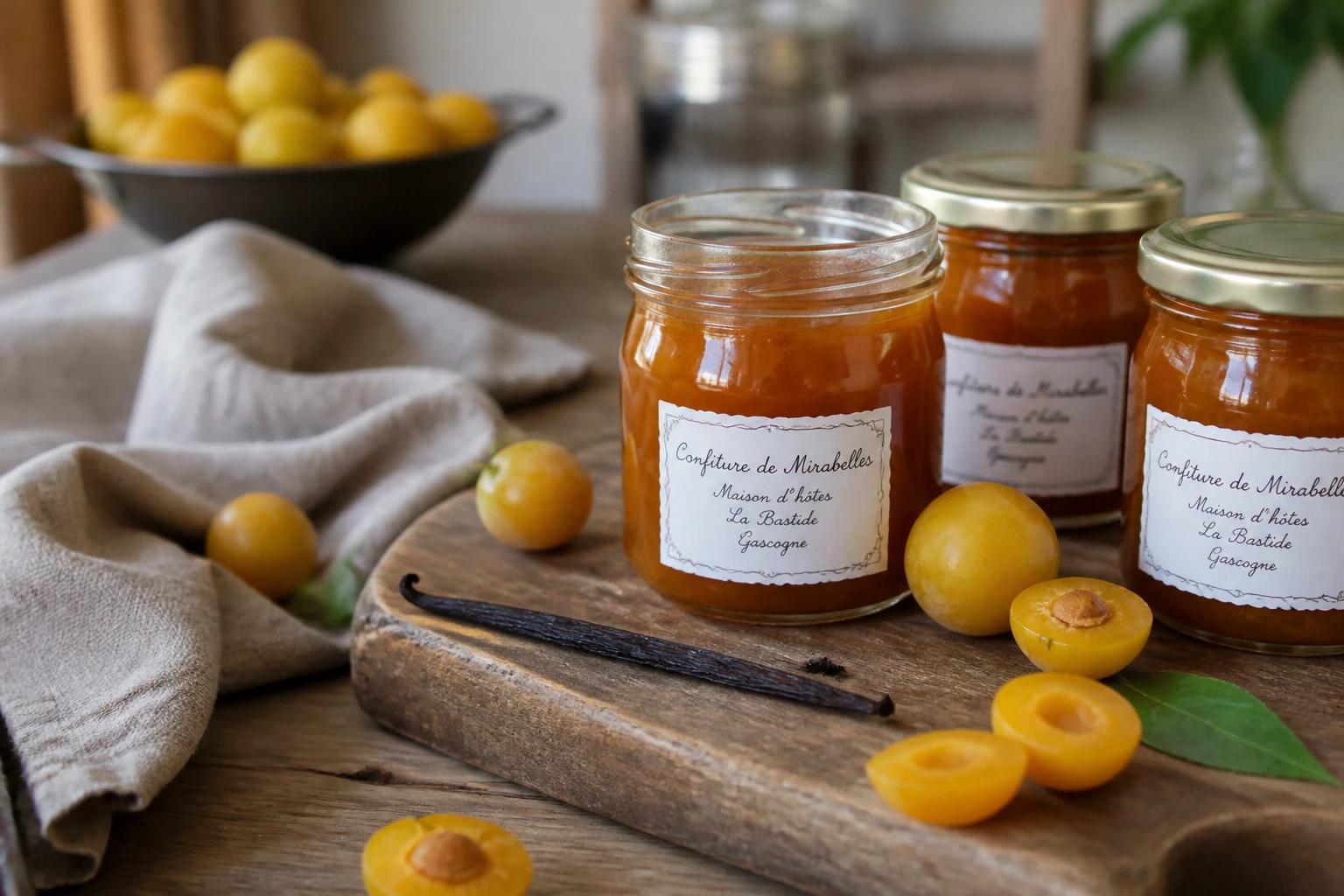 Pots de confiture de mirabelles maison entourés de fruits frais coupés en deux sur une table en bois