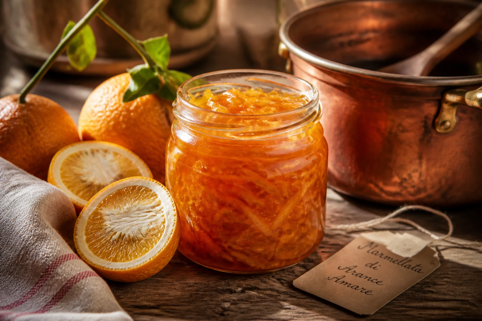 Pot de confiture d'orange amère maison avec des zestes dorés, posé sur une table en bois rustique avec des oranges amères fraîches