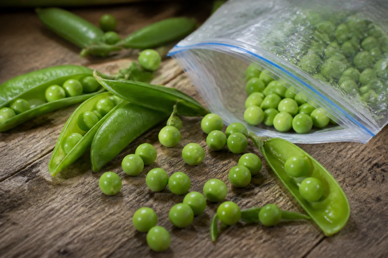 Petits pois frais écossés sur une surface en bois, certains dans un sac de congélation ouvert