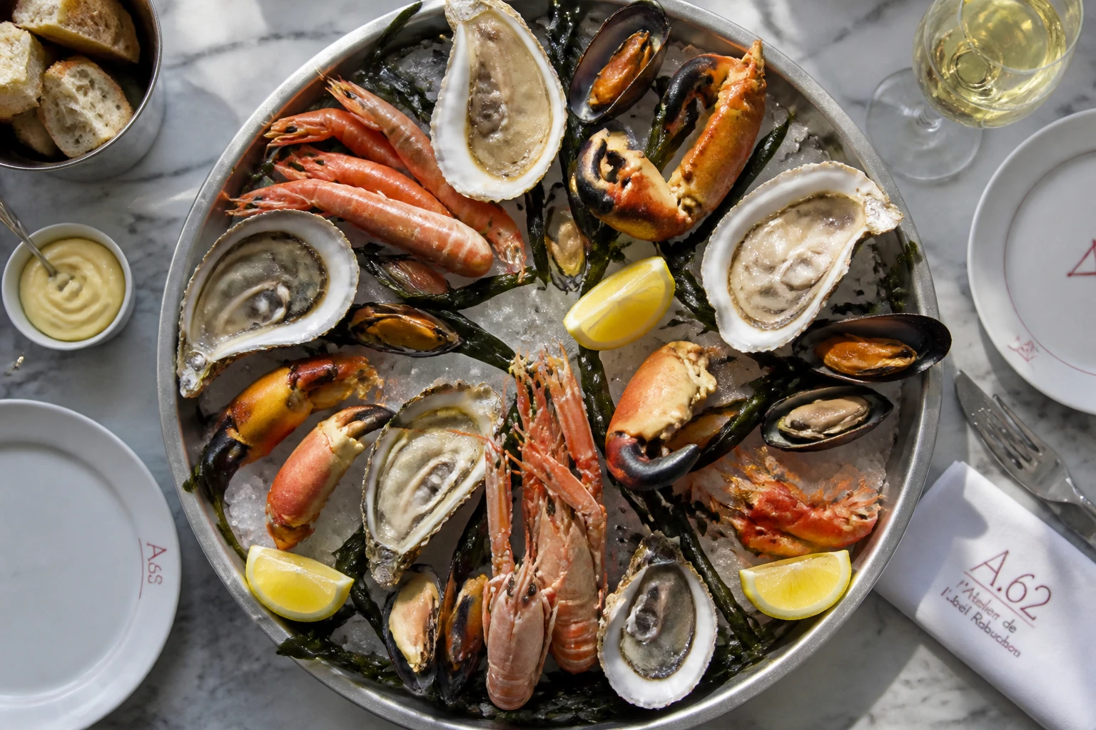 Plateau de fruits de mer classique avec huîtres, moules, langoustines et crabe sur glace pilée
