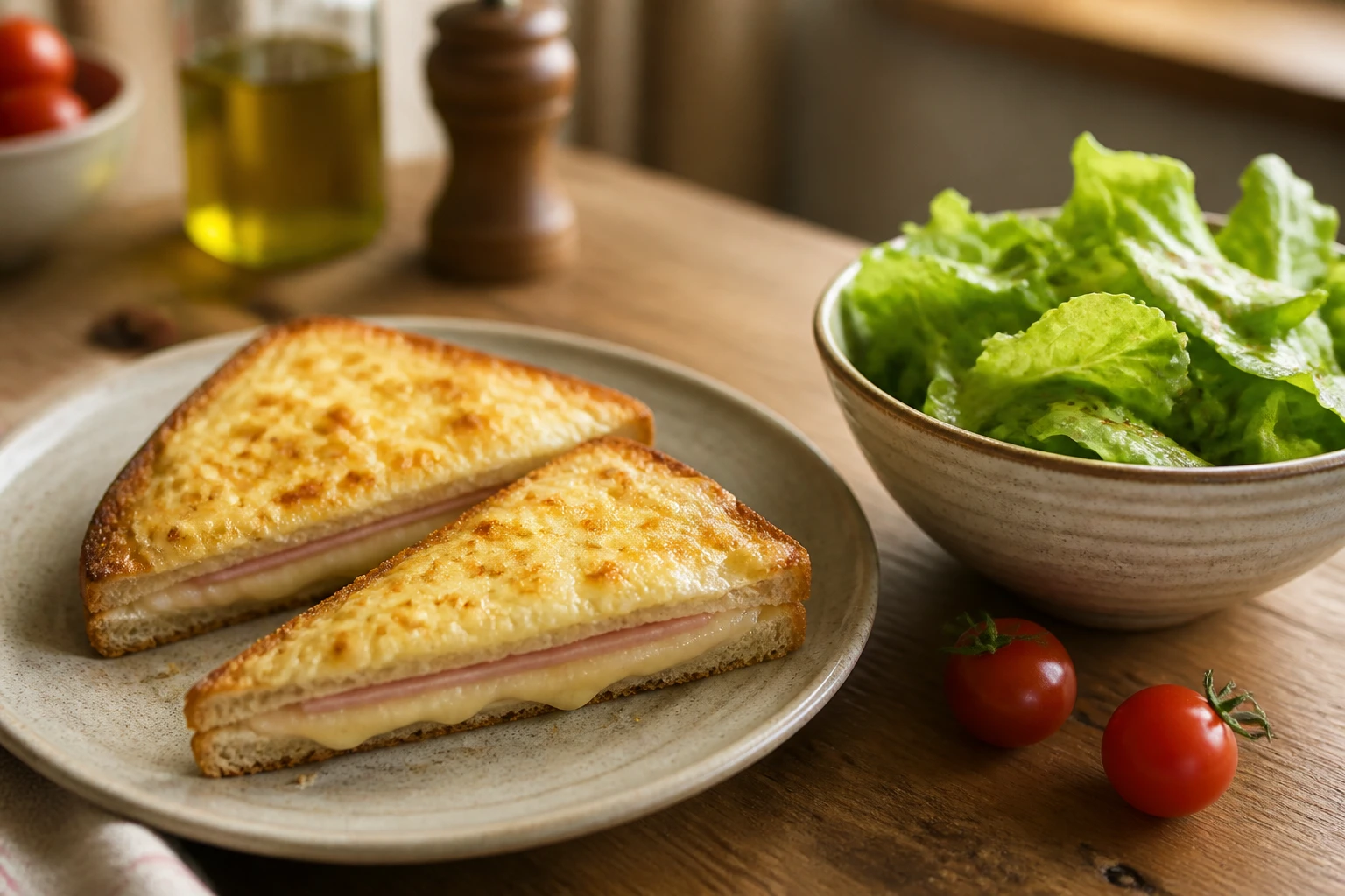 Croque-monsieur doré accompagné d'une salade verte fraîche dans une cuisine familiale