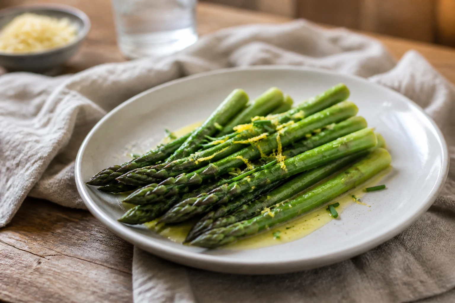 Asperges vertes cuites à la vapeur nappées de beurre citronné sur assiette en céramique