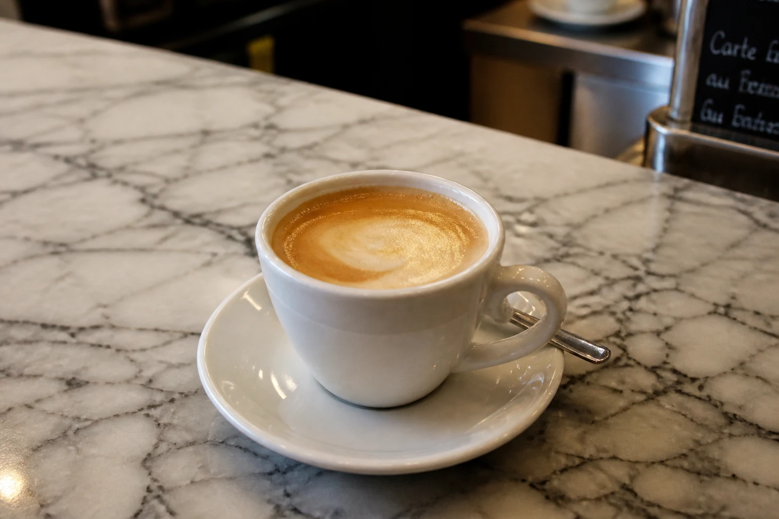 Tasse de café noisette avec crema dorée sur comptoir en marbre dans une brasserie française