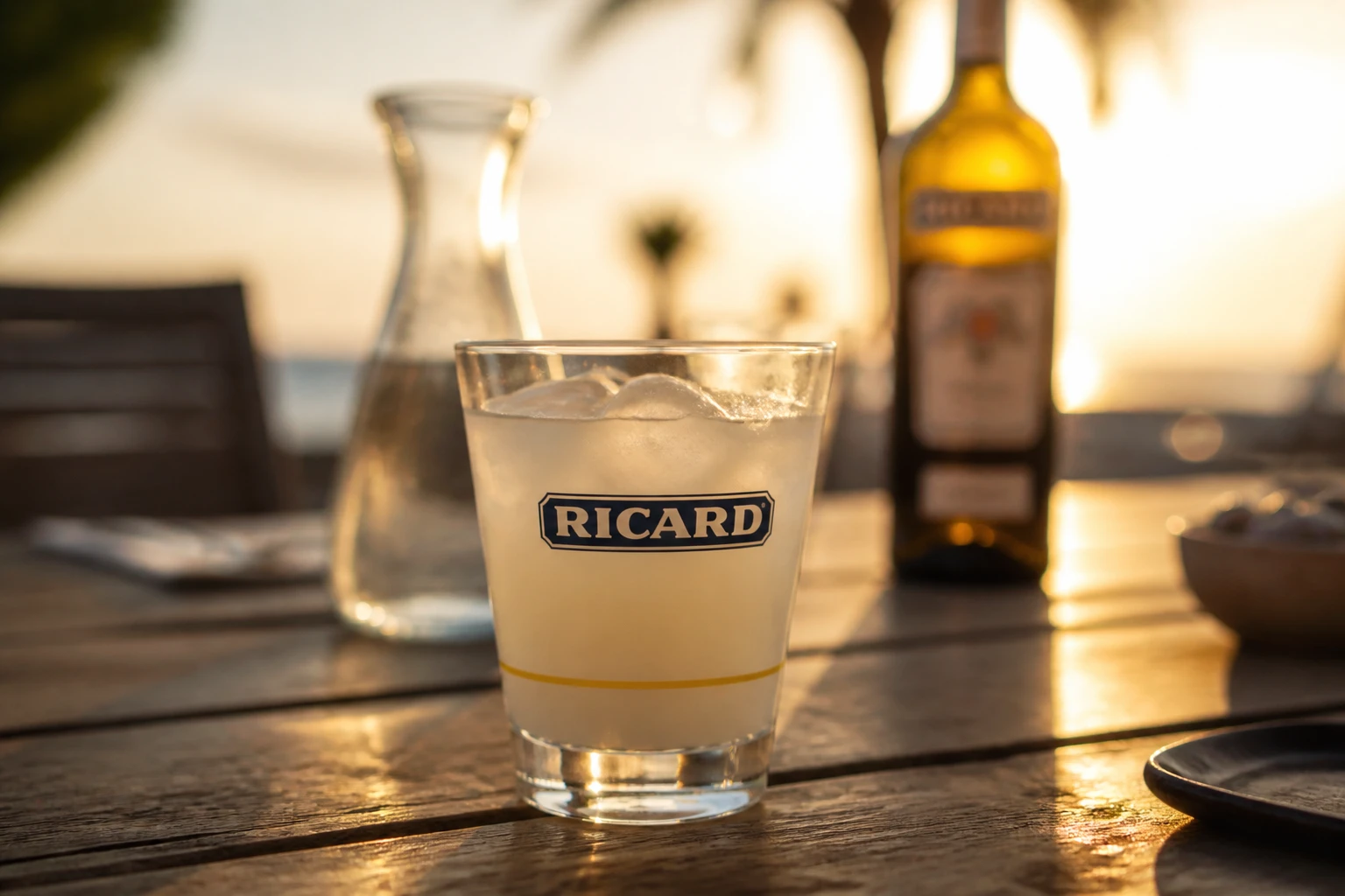 Verre de pastis Ricard dosé avec glaçons sur une table en bois lors d'un apéritif au soleil couchant